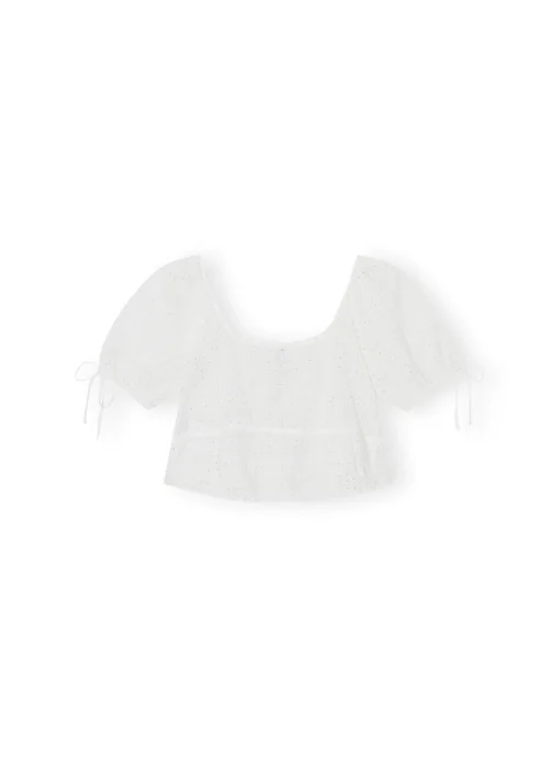 GANNI TOP LIGHT BRODERIE ANGLAISE CROPPED TOP BRIGHT WHITE