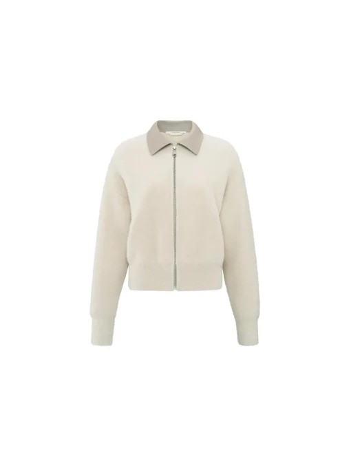 YAYA CARDIGAN FURRY WITH LEATHER COLLAR OFF WHITE MELANGE